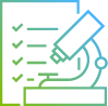Icon of a microscope next to a checklist with four checkmarks, representing lab work, scientific study, or research completed.