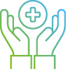 Icon of two hands cupping a circle with a medical cross inside, symbolizing care, health, or medical support.