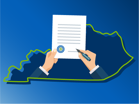 graphic of a person holding a KNA legislation document and pen over an outline of Pikeville