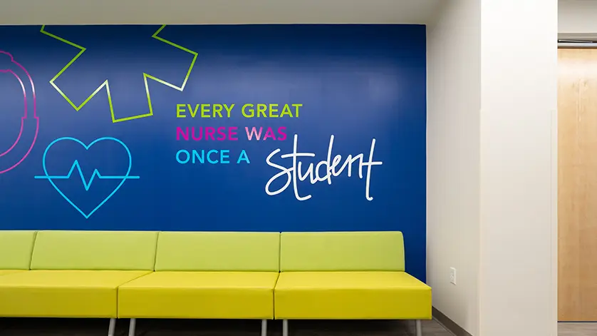Galen Myrtle Beach study space. The wall reads Every Great Nurse was Once a Student.