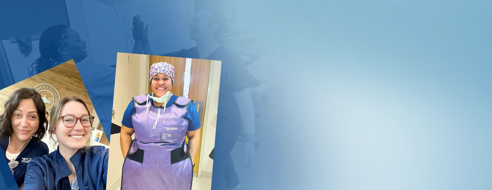 An image featuring two photos on the left against a blue background with a faint medical cross pattern. The left photo shows two smiling women, one with long dark hair and the other with glasses and blonde hair. The middle photo shows a smiling woman in a purple protective apron and a patterned head covering. The right side of the image is blank blue space.