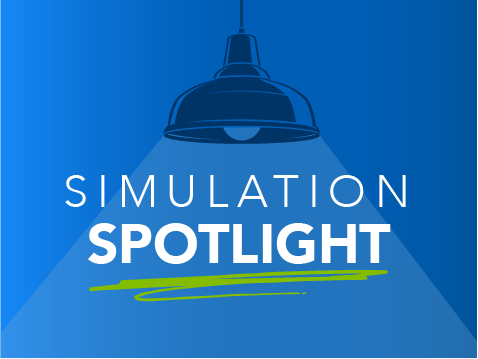 blue graphic with an overhead light shining over text saying Simulation Spotlight