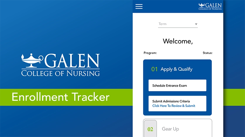 This image displays the Galen College of Nursing Enrollment Tracker on a mobile device, showing steps like 
